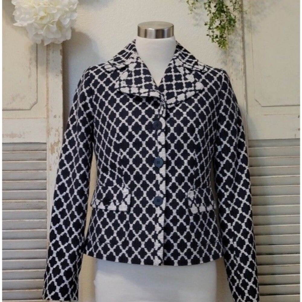 Talbots Blazer Womens Sz 2p Navy Blue White Geometric Button Front Jacket